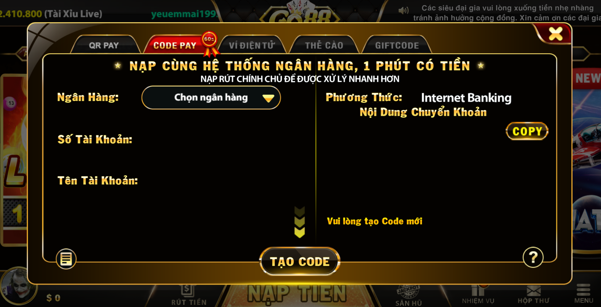 giao diện nạp tiền trên go88